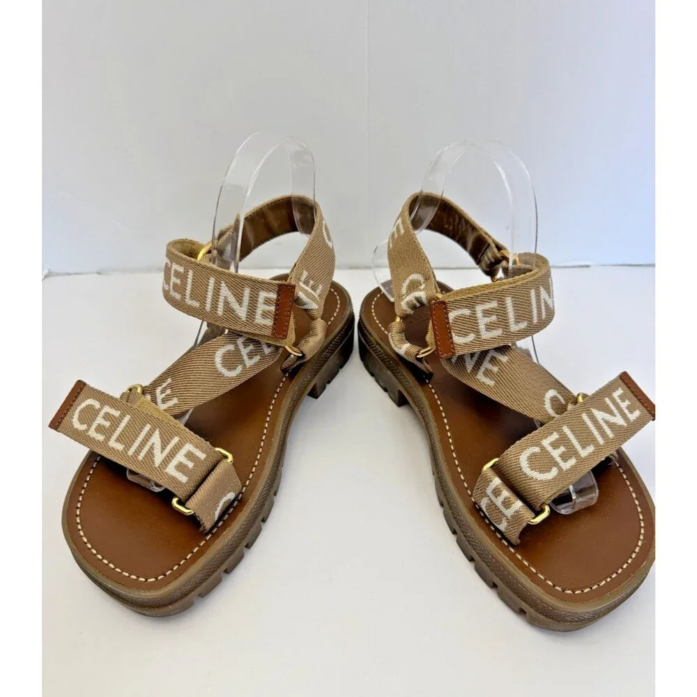 CELINE Paris Leo Wool Jacquard Strappy Sandals Light Beige/White Sz 37 MSRP $850